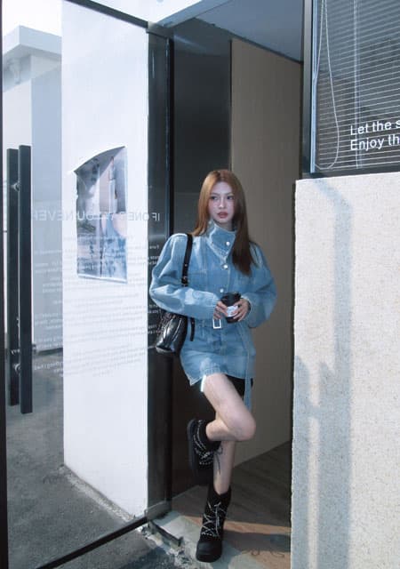 현대 가스 필드 허리 수축 데님 드레스 워크웨어 스탠드 칼라 미니 스커트 상세 이미지 10