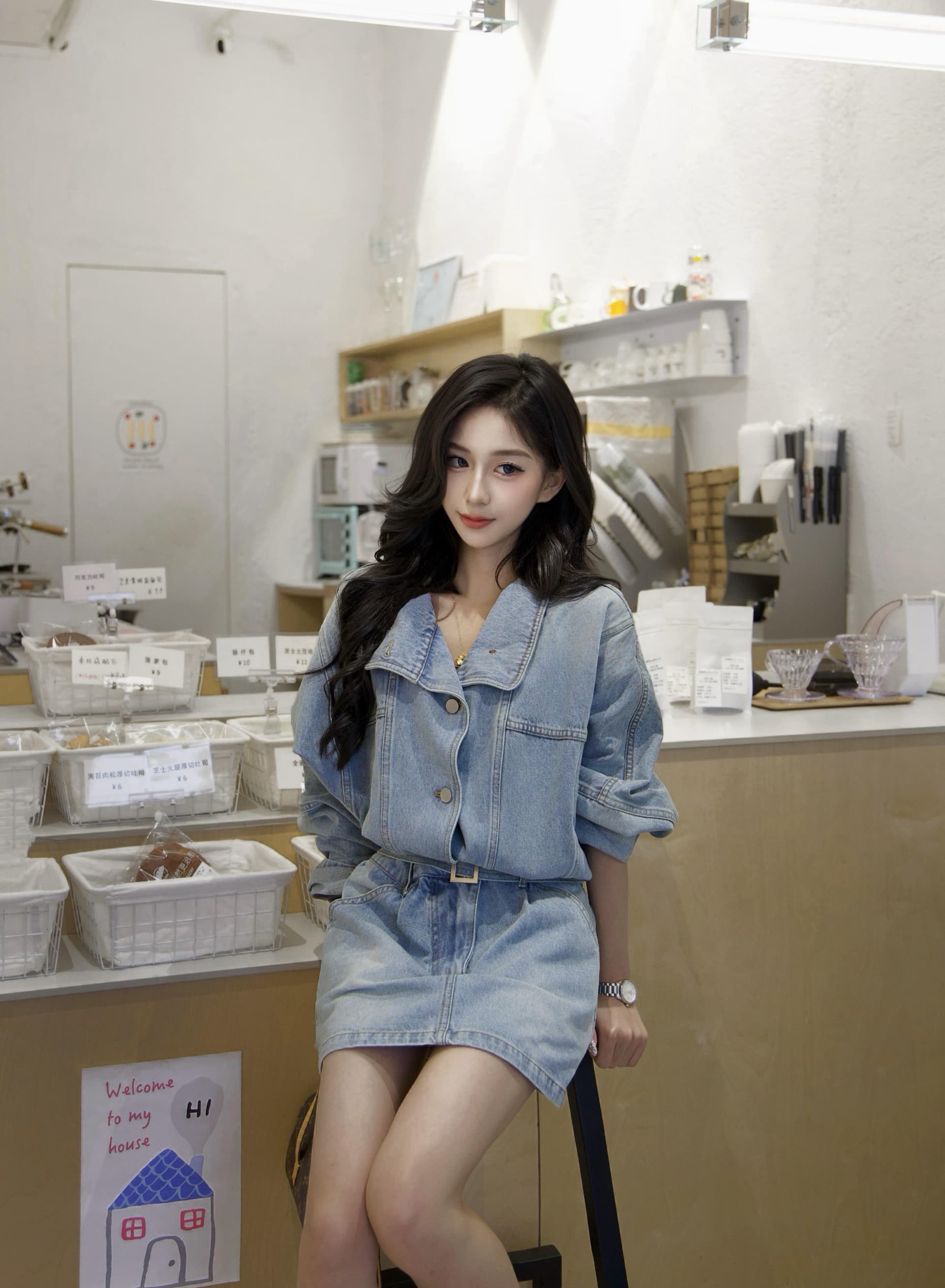 현대 가스 필드 허리 수축 데님 드레스 워크웨어 스탠드 칼라 미니 스커트 이미지 2