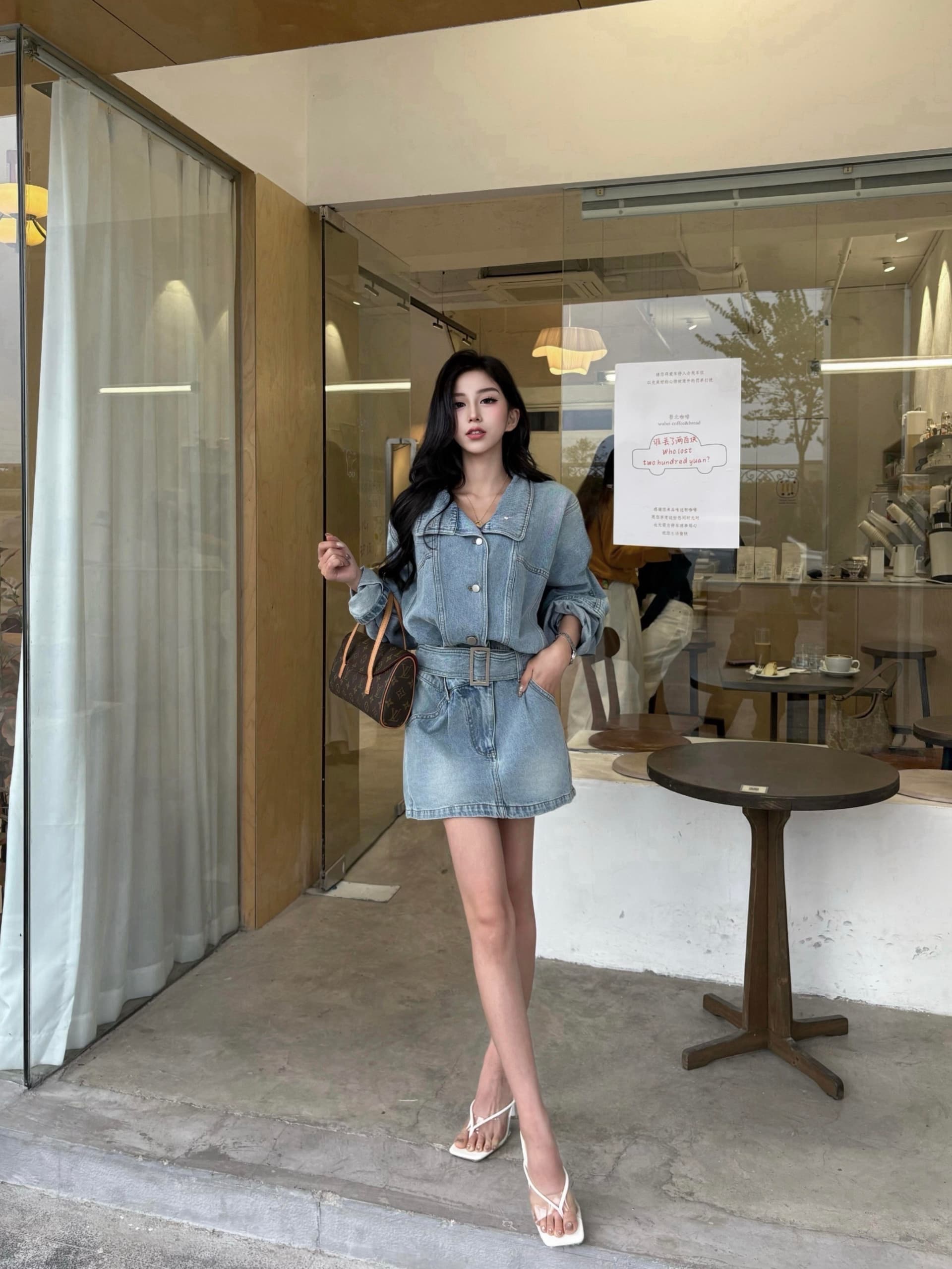 현대 가스 필드 허리 수축 데님 드레스 워크웨어 스탠드 칼라 미니 스커트 상세 이미지 2