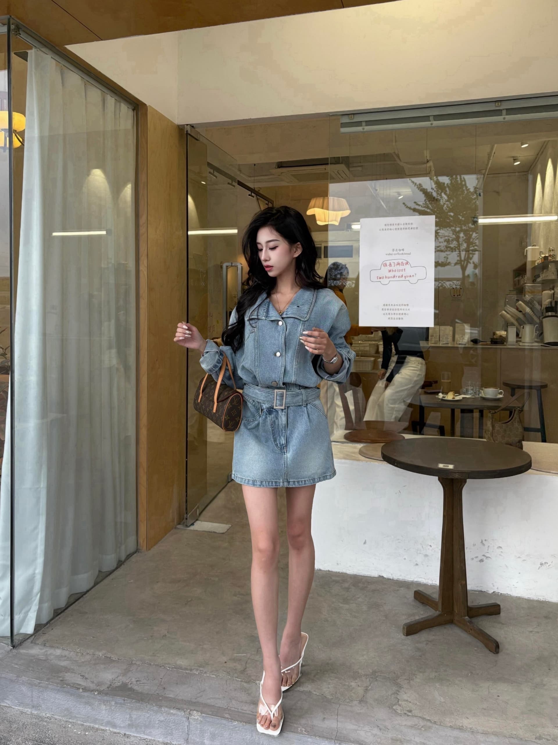 현대 가스 필드 허리 수축 데님 드레스 워크웨어 스탠드 칼라 미니 스커트 상세 이미지 6
