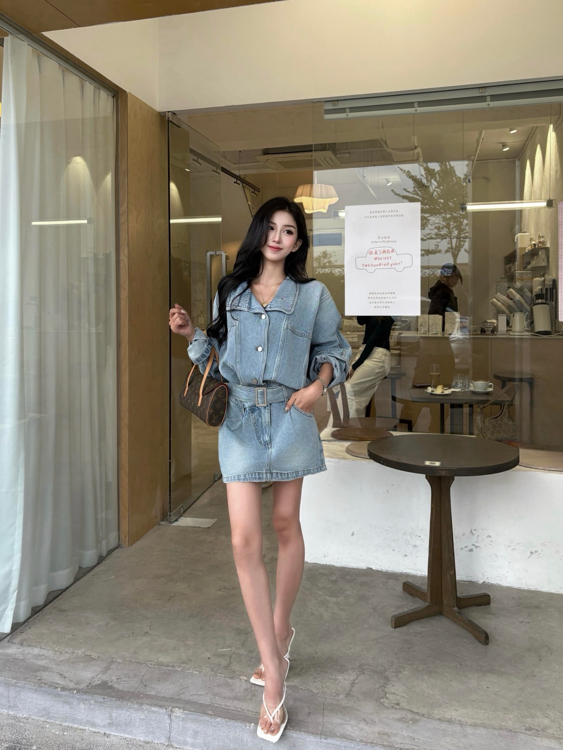 현대 가스 필드 허리 수축 데님 드레스 워크웨어 스탠드 칼라 미니 스커트 상세 이미지 8