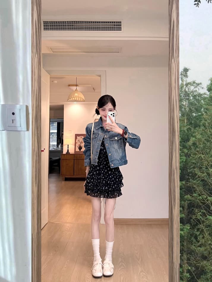 데님 재킷 꽃무늬 슬립 드레스 투피스 세트 상세 이미지 4