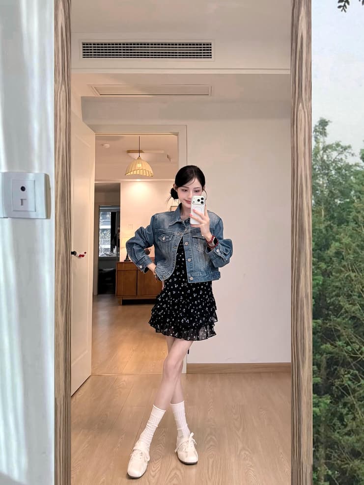 데님 재킷 꽃무늬 슬립 드레스 투피스 세트 상세 이미지 7