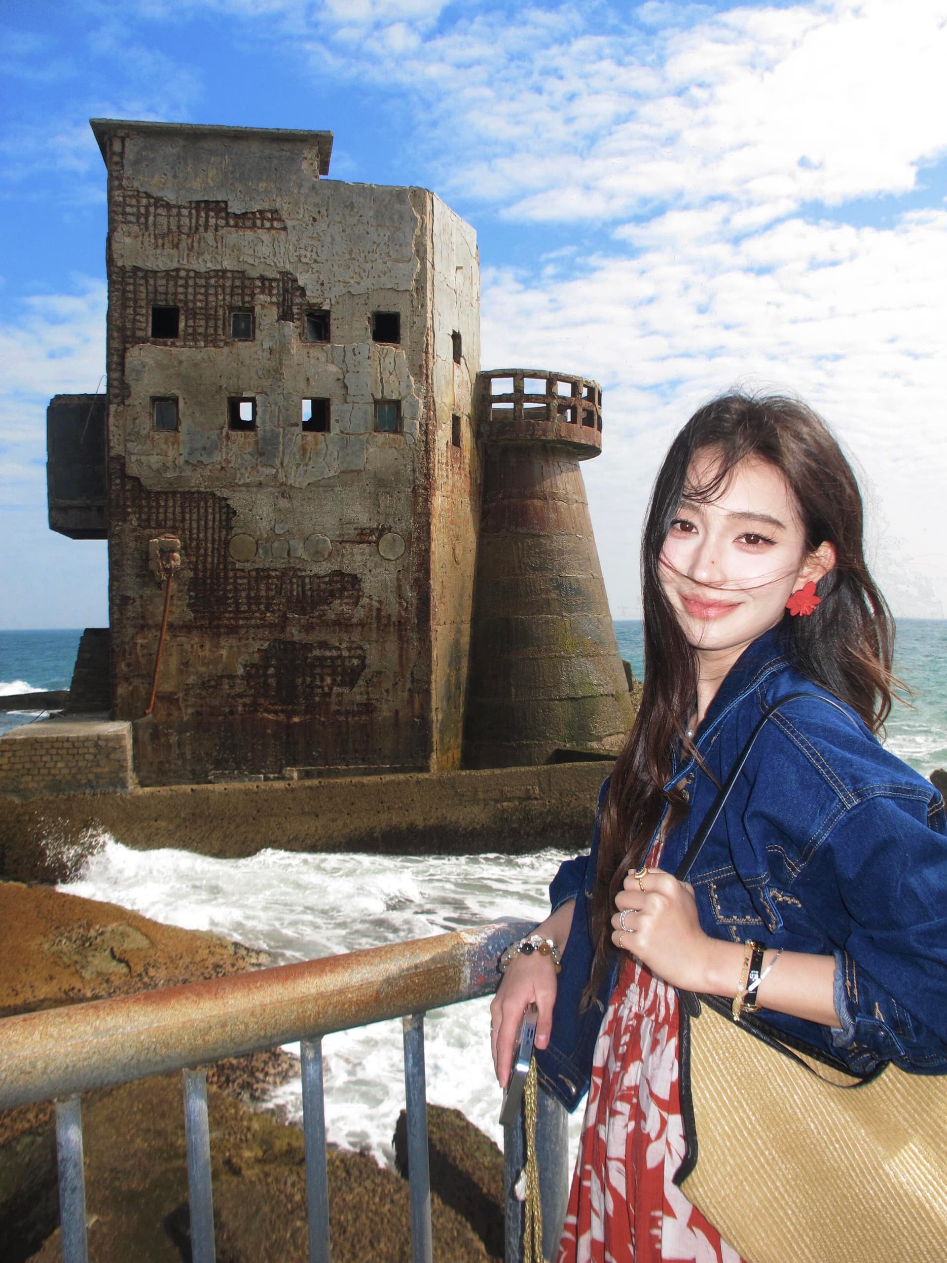 레트로 부드럽다 폴로 칼라 파란색 데님 재킷 해변가 휴가 바람 프린트 슬립 드레스 투피스 세트 상세 이미지 2
