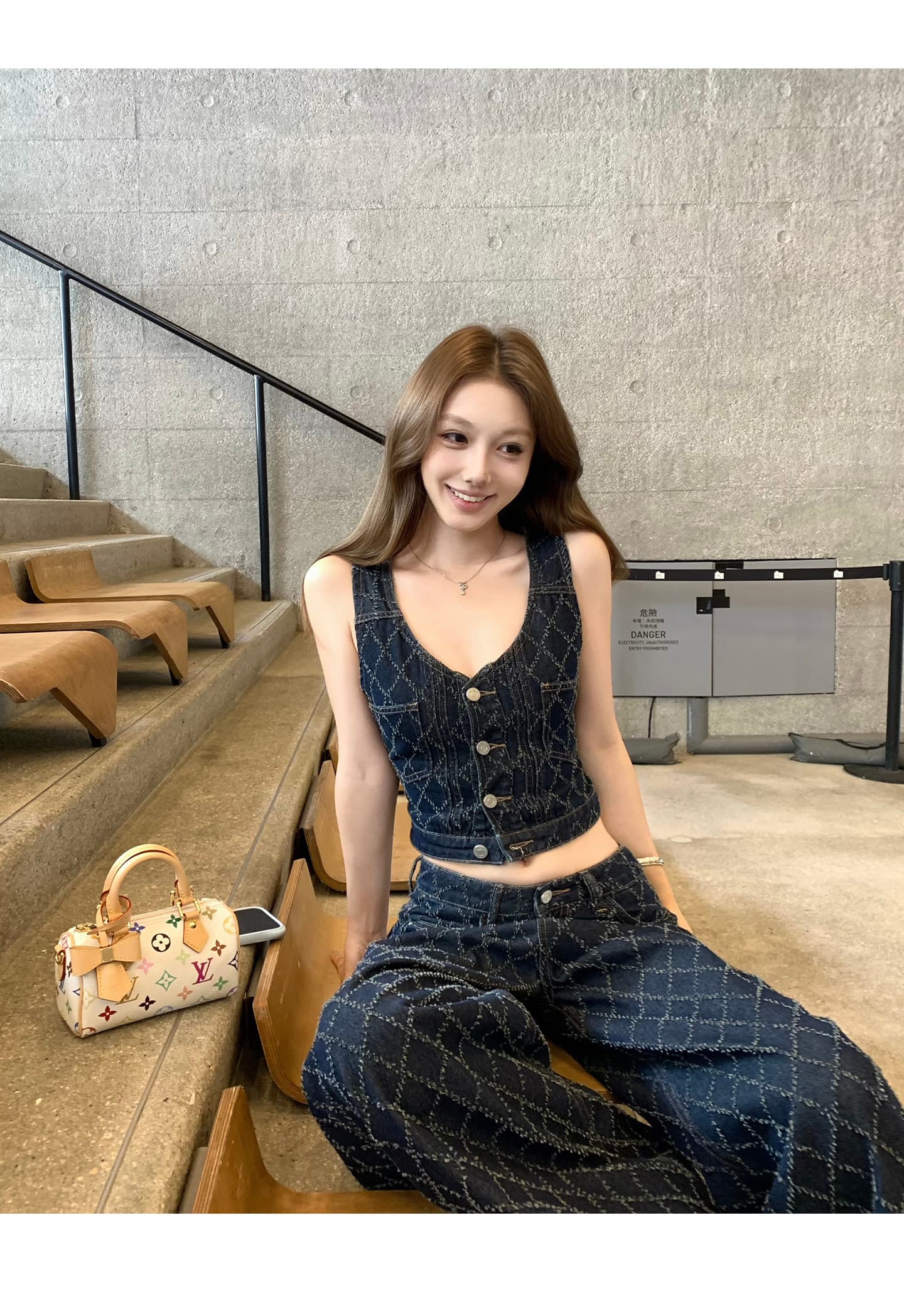 밤나무 코코아 bankelili 고대 복장 링 그리드 원색 링 그리드 자수 데님 베스트 데님 스트레이트 팬츠 여성 상세 이미지 2
