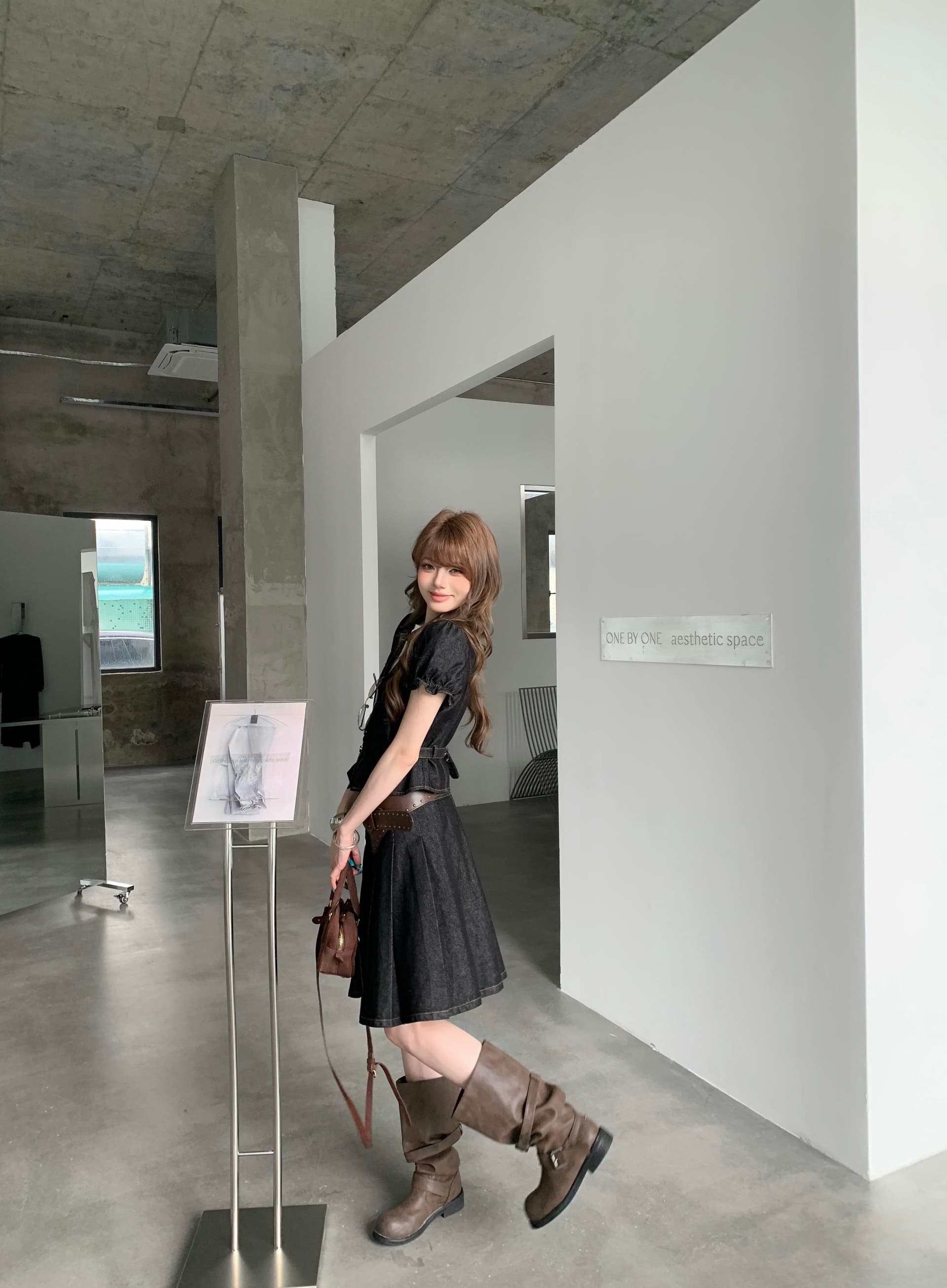 여름 달콤한 차가운 데님 반팔 맨위 반 스커트 투피스 세트 포함 벨트 상세 이미지 3
