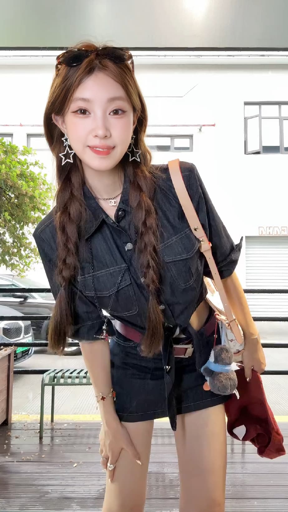 단 닝 소녀 차가운 바람의 소리 바람 십자가 스트랩 데님 셔츠 레트로 반신 미니 스커트 투피스 세트 이미지 4