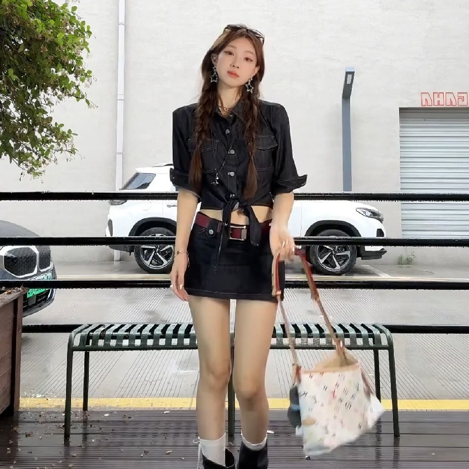 단 닝 소녀 차가운 바람의 소리 바람 십자가 스트랩 데님 셔츠 레트로 반신 미니 스커트 투피스 세트 이미지 6