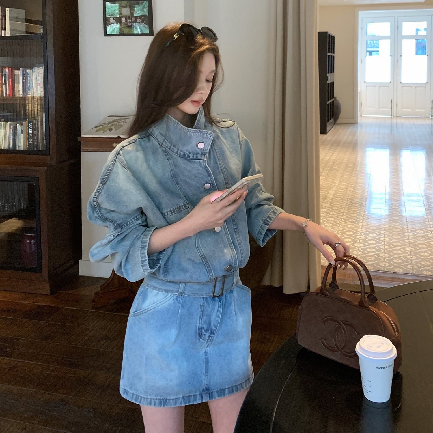 현대 가스 필드 허리 수축 데님 드레스 워크웨어 스탠드 칼라 미니 스커트 이미지 5