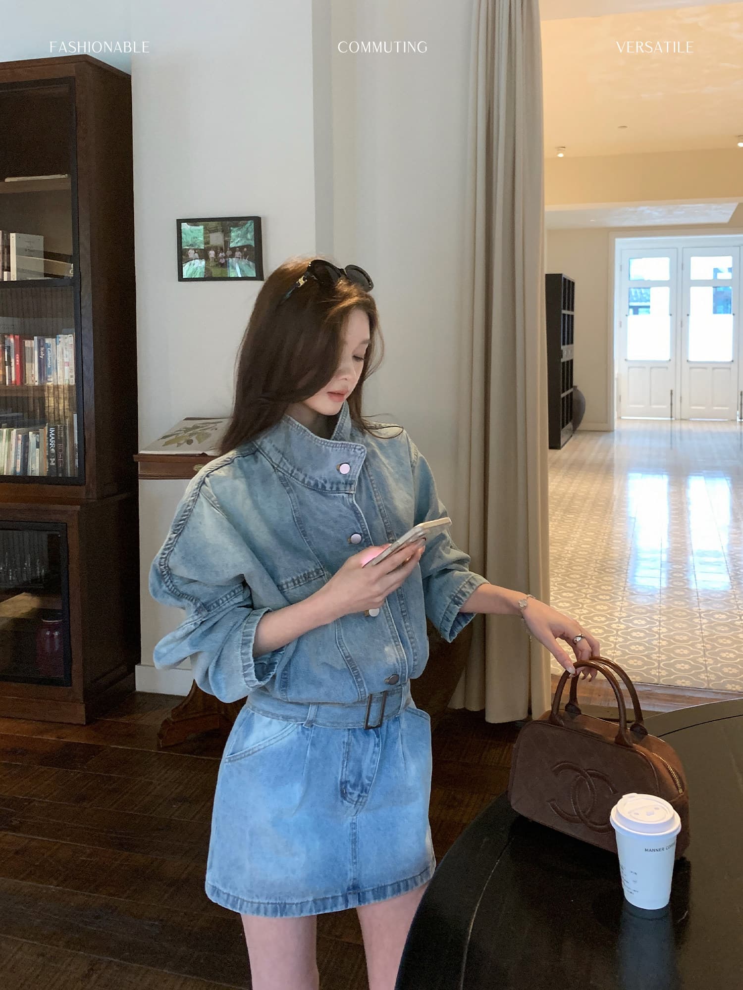 현대 가스 필드 허리 수축 데님 드레스 워크웨어 스탠드 칼라 미니 스커트 상세 이미지 5