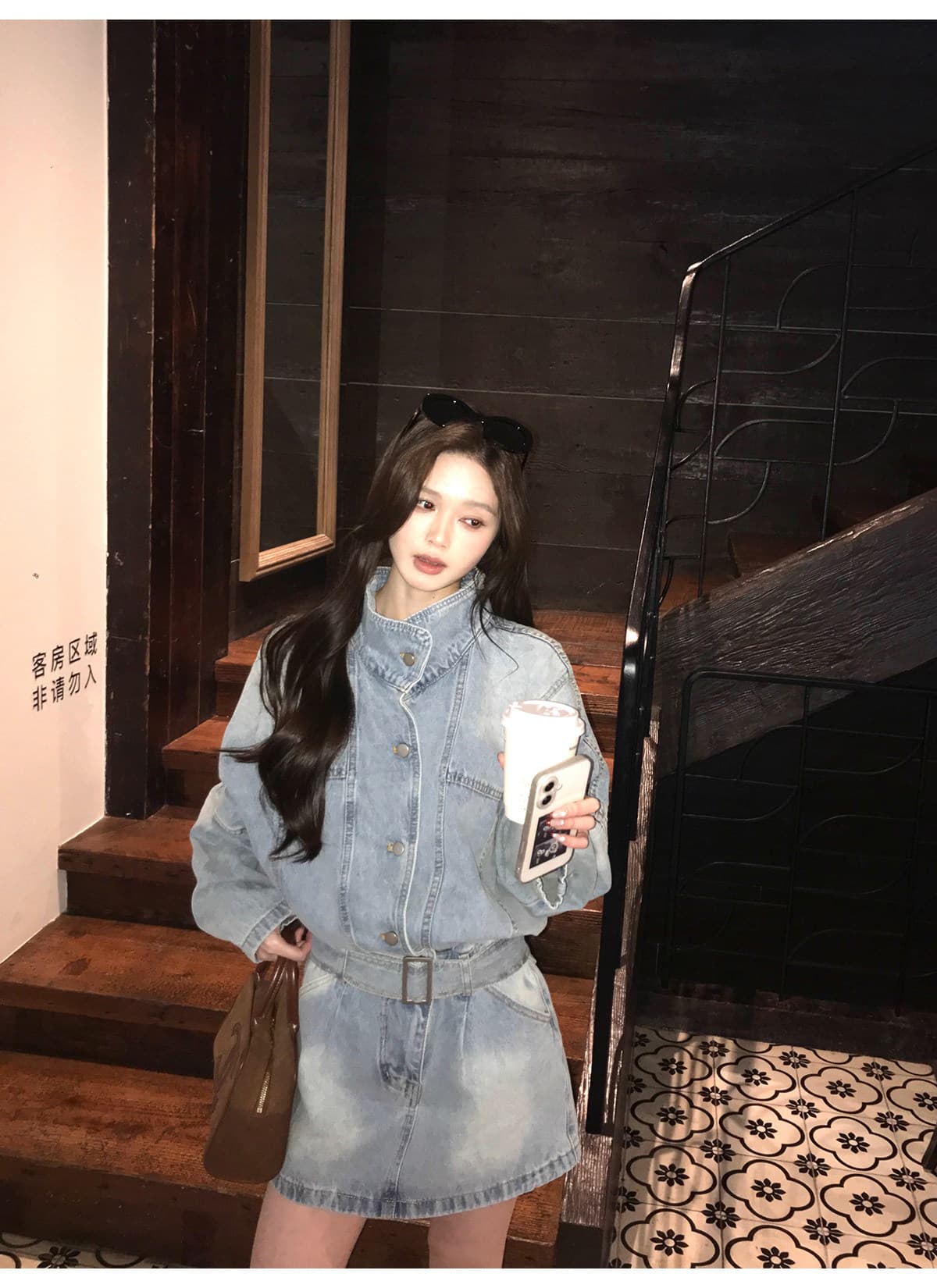 현대 가스 필드 허리 수축 데님 드레스 워크웨어 스탠드 칼라 미니 스커트 상세 이미지 6
