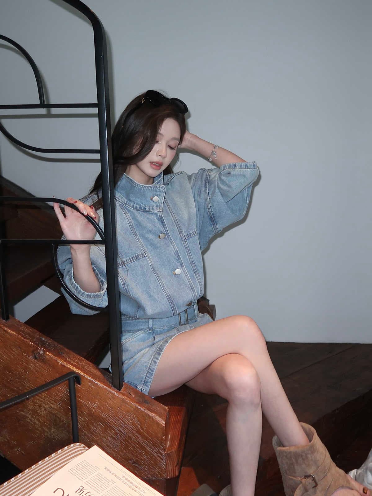 현대 가스 필드 허리 수축 데님 드레스 워크웨어 스탠드 칼라 미니 스커트 상세 이미지 10