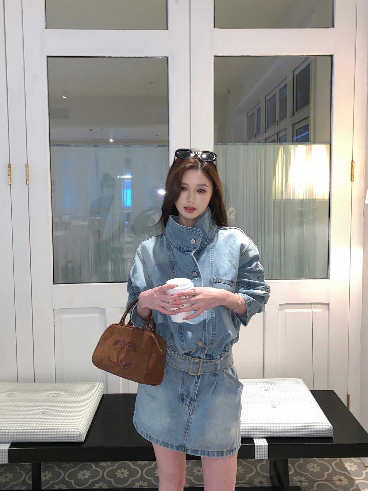 현대 가스 필드 허리 수축 데님 드레스 워크웨어 스탠드 칼라 미니 스커트 상세 이미지 11