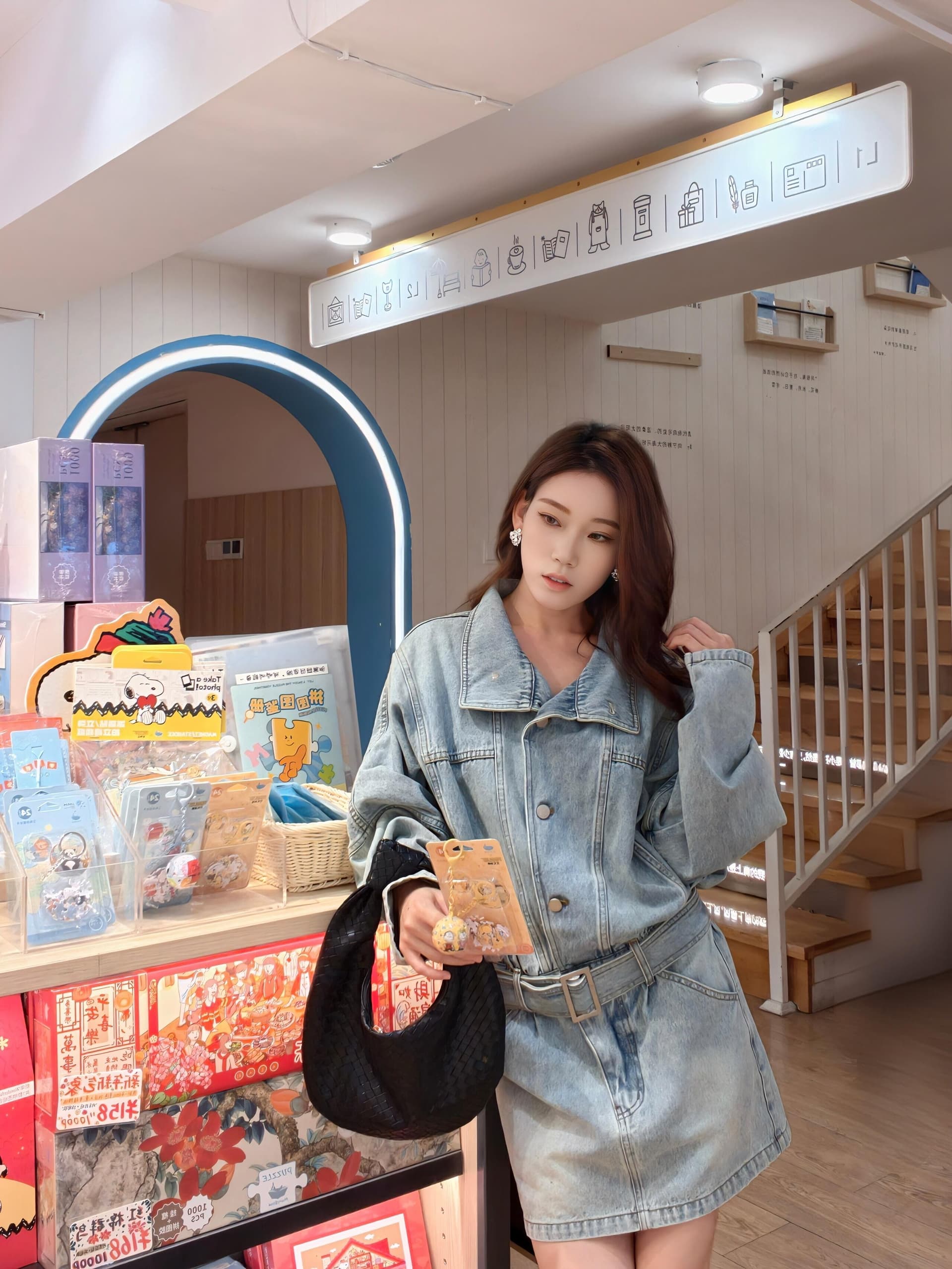 현대 가스 필드 허리 수축 데님 드레스 워크웨어 스탠드 칼라 미니 스커트 이미지 2