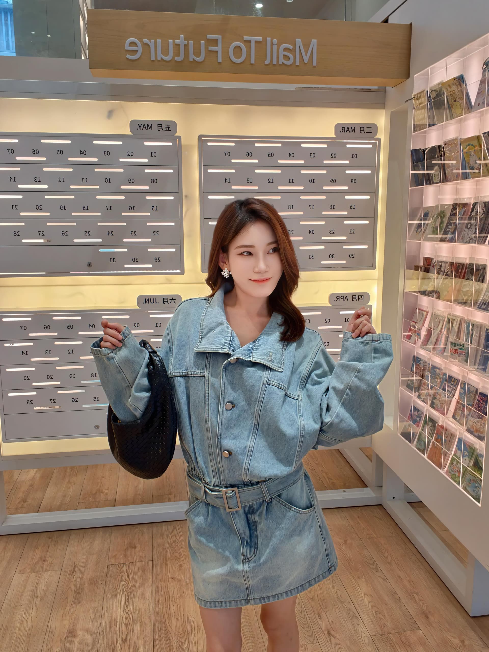 현대 가스 필드 허리 수축 데님 드레스 워크웨어 스탠드 칼라 미니 스커트 이미지 3