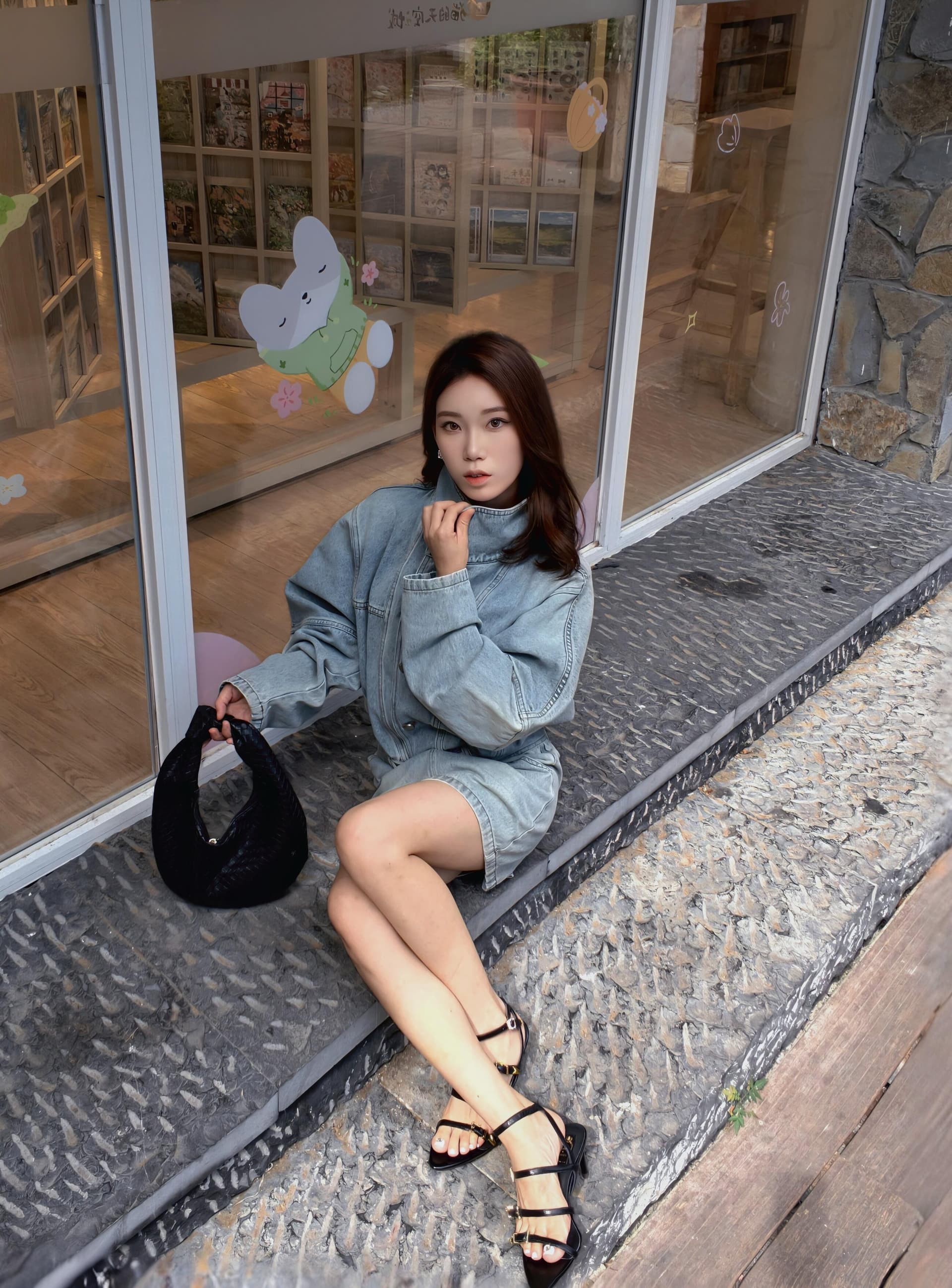 현대 가스 필드 허리 수축 데님 드레스 워크웨어 스탠드 칼라 미니 스커트 상세 이미지 2