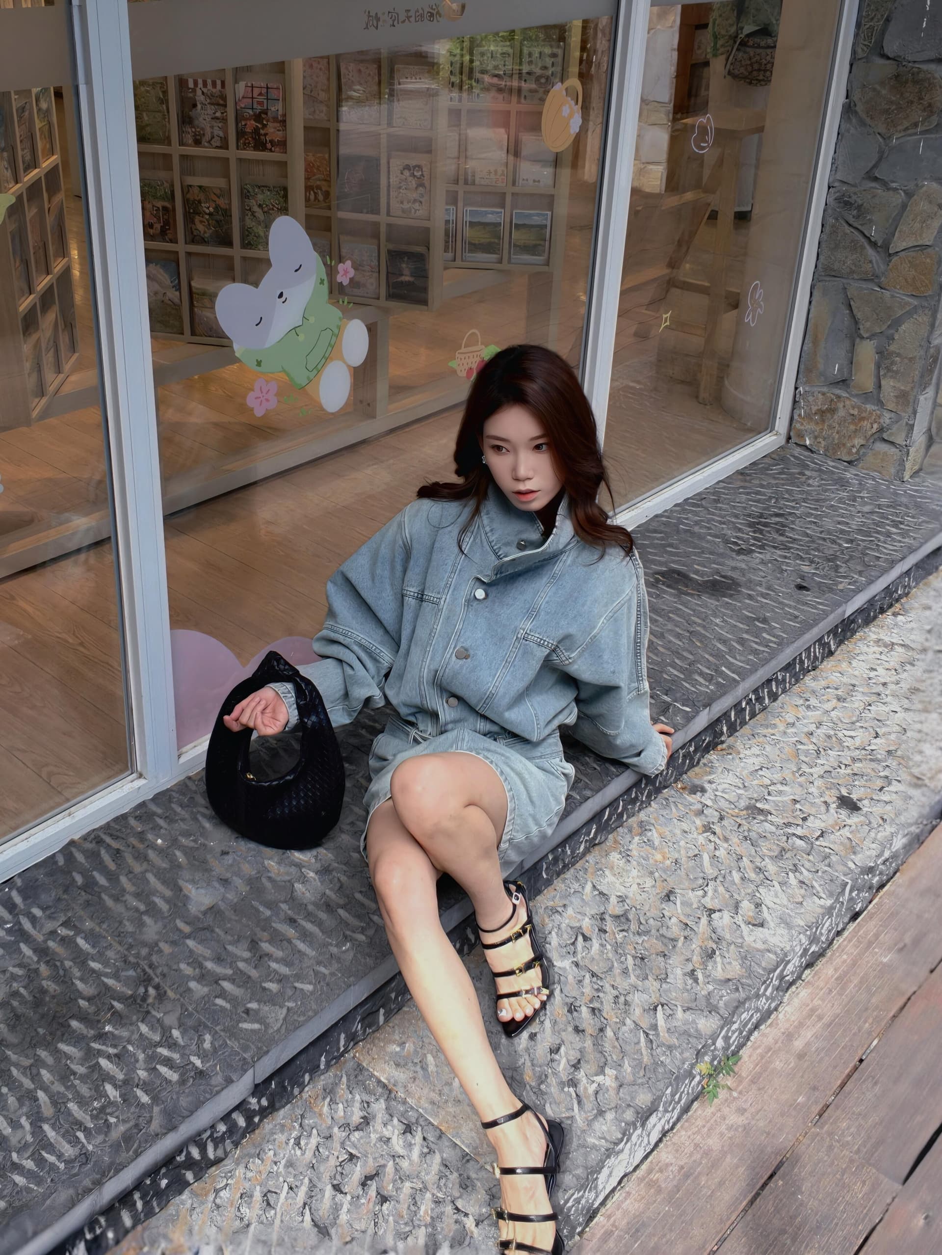 현대 가스 필드 허리 수축 데님 드레스 워크웨어 스탠드 칼라 미니 스커트 상세 이미지 6
