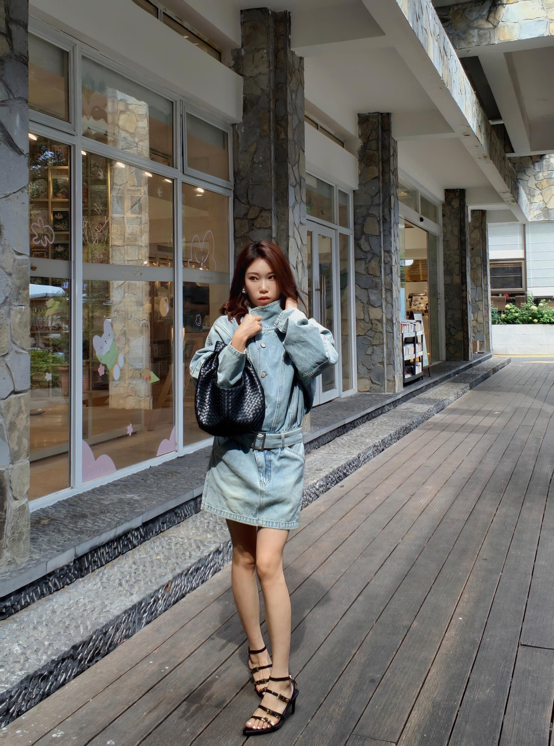 현대 가스 필드 허리 수축 데님 드레스 워크웨어 스탠드 칼라 미니 스커트 상세 이미지 9