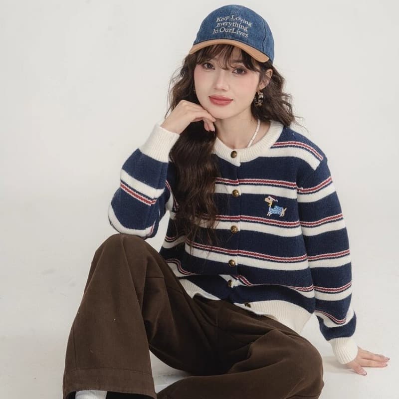 학원 분 배색 스트라이프 자수 강아지 라운드 넥 오픈 가디건 긴팔 스웨터 가을 겨울철 새로운 다용도 재킷 맨위 이미지 5