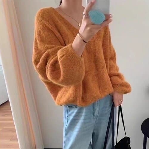 한 부서 느긋한 바람 V넥 꽈배기 너구리 플러시 사탕 색상 스웨터 가을 겨울 새로운 와이드 부드러운 찹쌀 니트 스웨터 맨위 상세 이미지 5