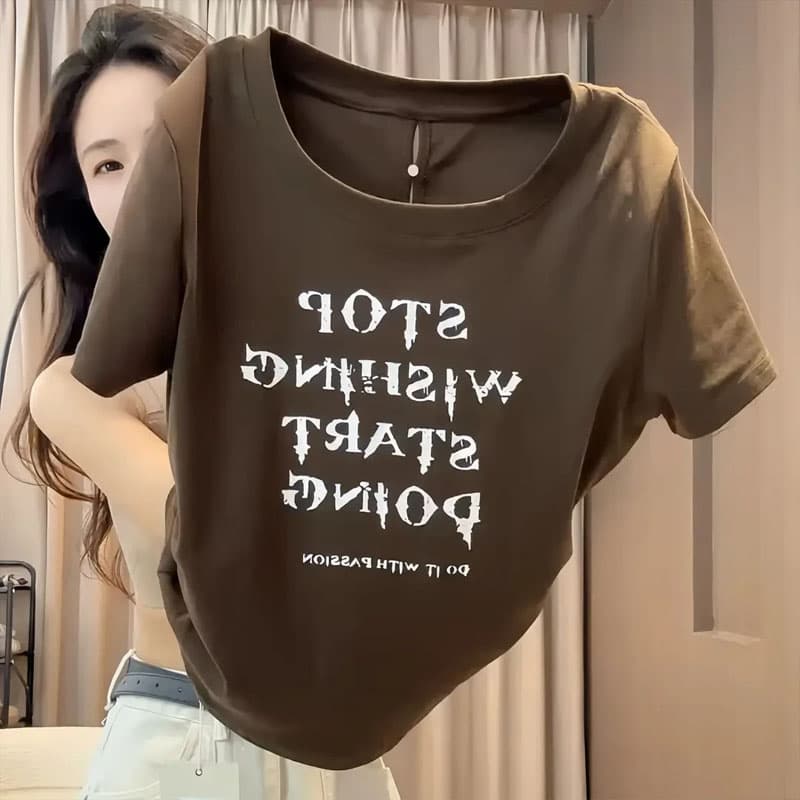 한국 스타일 알파벳 프린트 라운드 넥 반팔 티셔츠 2026 여름 새로운 허리 수축 슬림해 보이는 핀치 Pleat 디자인 다용도 맨위 상세 이미지 2