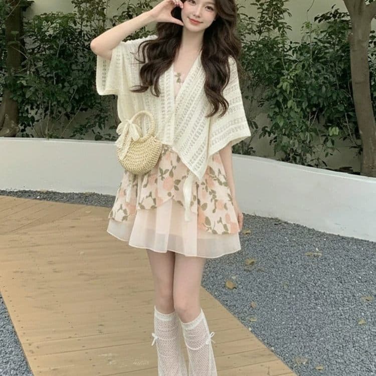 대 사이즈 여름 아름다운 세트 여성 연령 감소 고유 한 숄 코디 아니요 명중 섹션 꽃무늬 슬립 두 조각 스타일 드레스 이미지 3