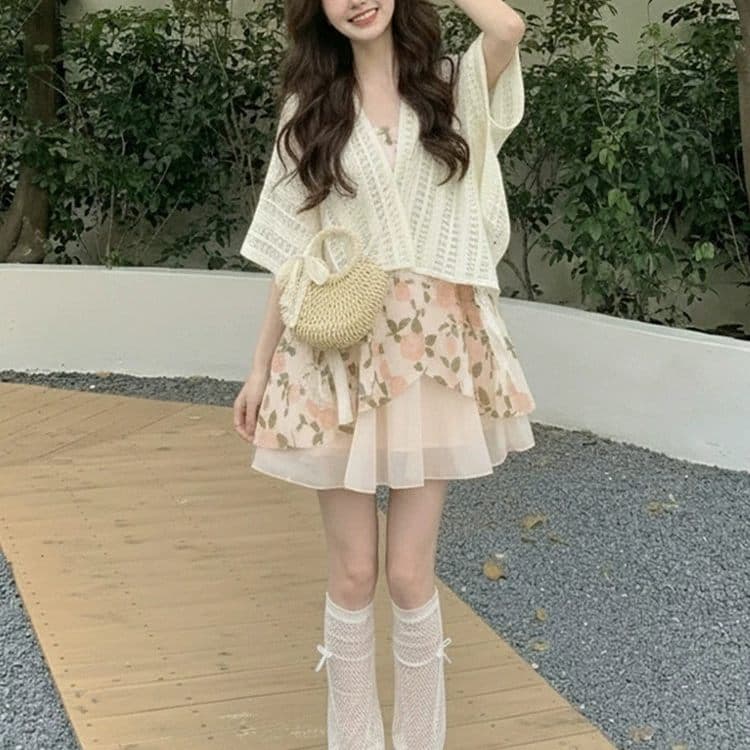 대 사이즈 여름 아름다운 세트 여성 연령 감소 고유 한 숄 코디 아니요 명중 섹션 꽃무늬 슬립 두 조각 스타일 드레스 이미지 2