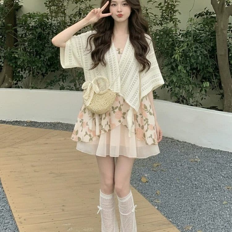 대 사이즈 여름 아름다운 세트 여성 연령 감소 고유 한 숄 코디 아니요 명중 섹션 꽃무늬 슬립 두 조각 스타일 드레스 상세 이미지 4