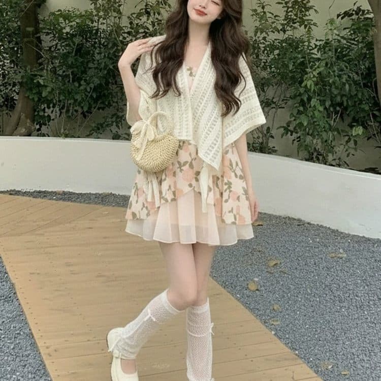 대 사이즈 여름 아름다운 세트 여성 연령 감소 고유 한 숄 코디 아니요 명중 섹션 꽃무늬 슬립 두 조각 스타일 드레스 상세 이미지 5