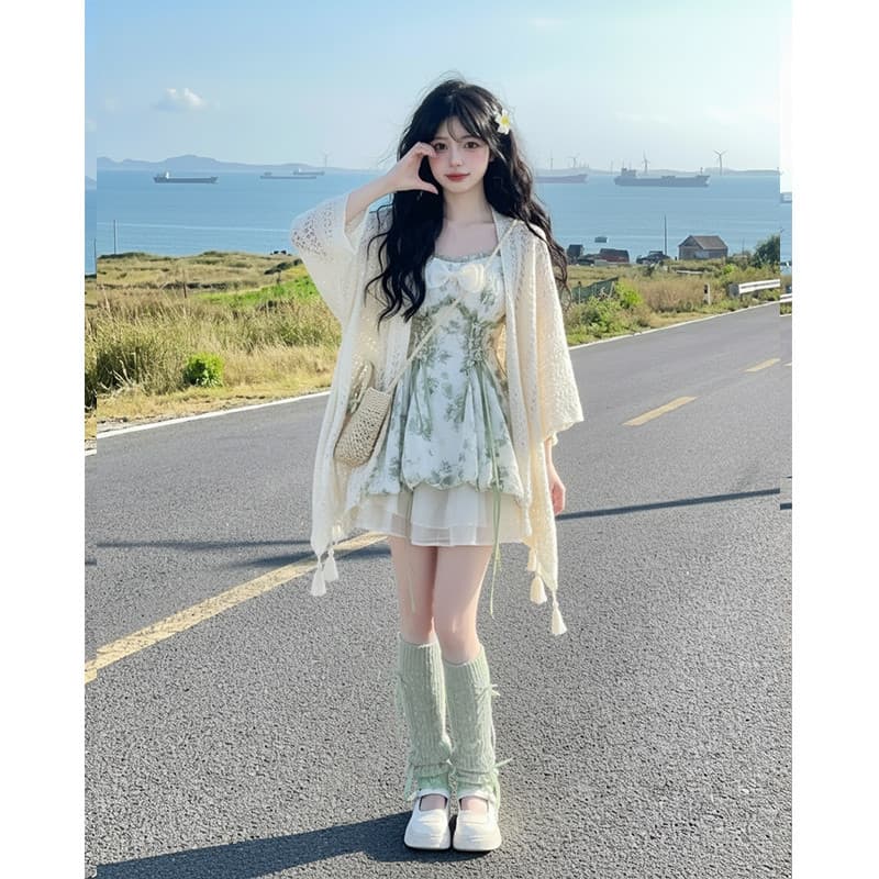 도파민 센 부서 녹색 특별 아름다운 꼬집기 허리 작은 치마 2026 초기 여름 프랑스식 꽃무늬 슬립 드레스 이미지 2
