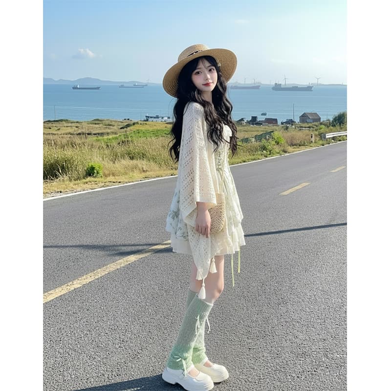 도파민 센 부서 녹색 특별 아름다운 꼬집기 허리 작은 치마 2026 초기 여름 프랑스식 꽃무늬 슬립 드레스 이미지 3