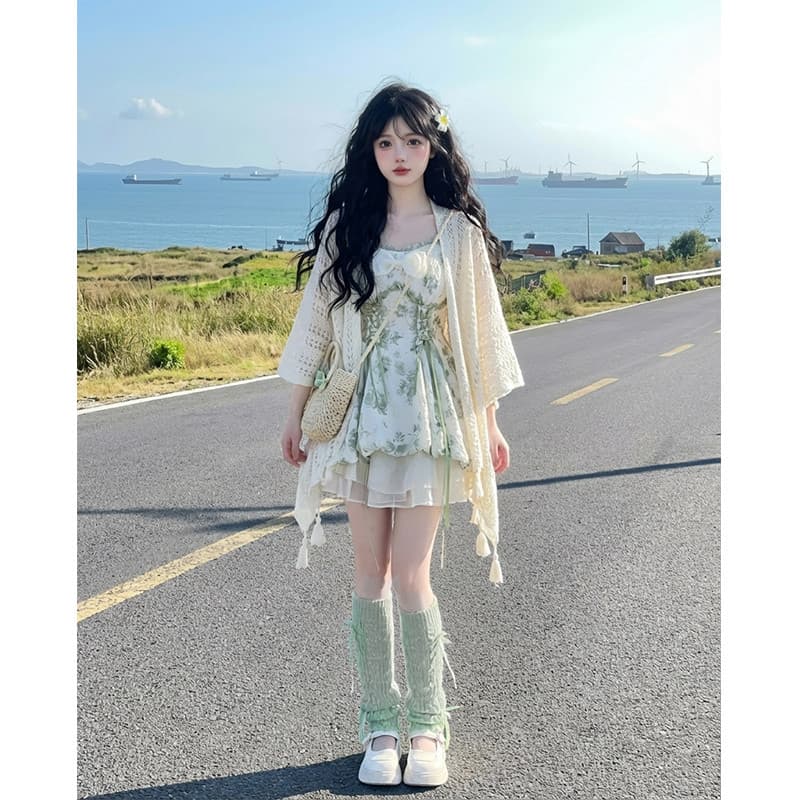 도파민 센 부서 녹색 특별 아름다운 꼬집기 허리 작은 치마 2026 초기 여름 프랑스식 꽃무늬 슬립 드레스 상세 이미지 3