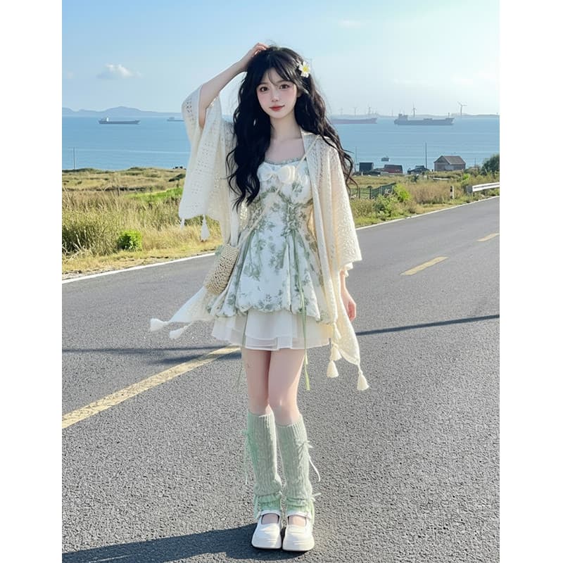 도파민 센 부서 녹색 특별 아름다운 꼬집기 허리 작은 치마 2026 초기 여름 프랑스식 꽃무늬 슬립 드레스 상세 이미지 4
