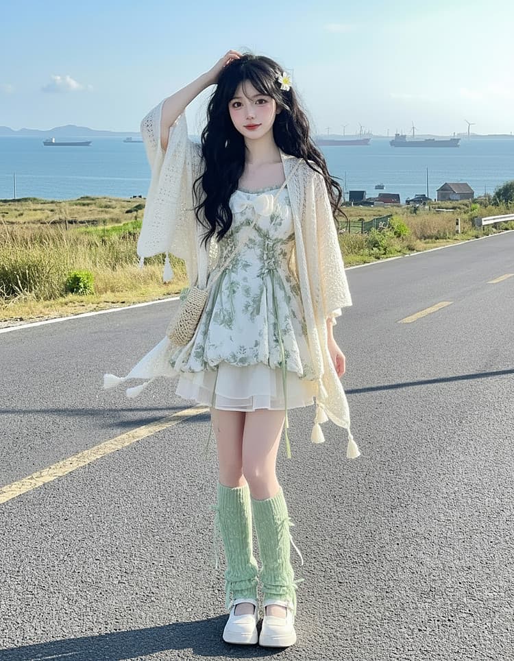 도파민 센 부서 녹색 특별 아름다운 꼬집기 허리 작은 치마 2026 초기 여름 프랑스식 꽃무늬 슬립 드레스 상세 이미지 6