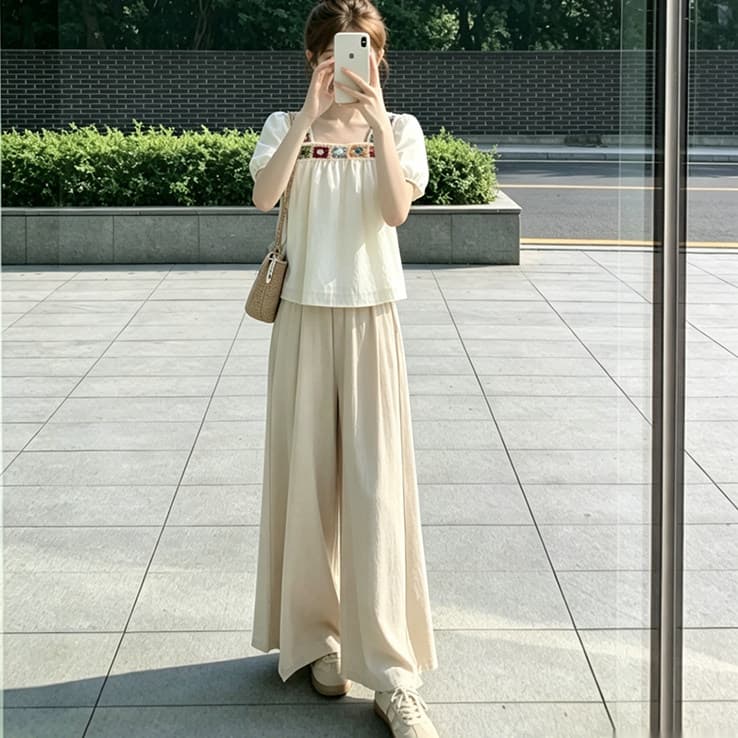 여름 켜기 새로운 아름다운 세트 여성 연령 감소 문예 바람 우아함 맨위 코디 부드러운 도루 센스 치마바지 투피스 세트 이미지 4