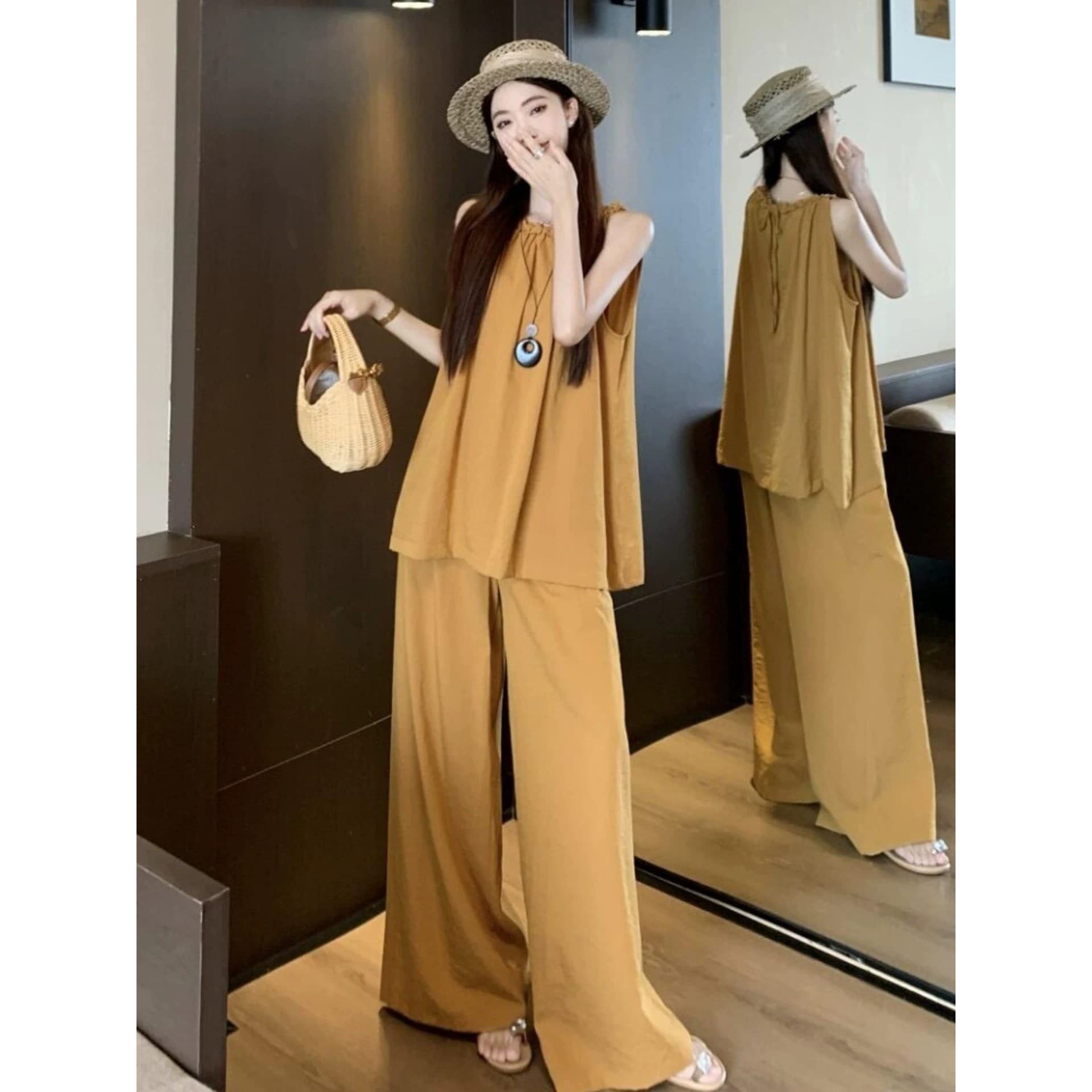 2026 새로운 여름 아름다운 착용 가져 가라. 세트 여성 자이언트 잘 생긴 한 인사이드 한 가스 민소매 맨위 와이드 레그 팬츠 투피스 세트 상세 이미지 4