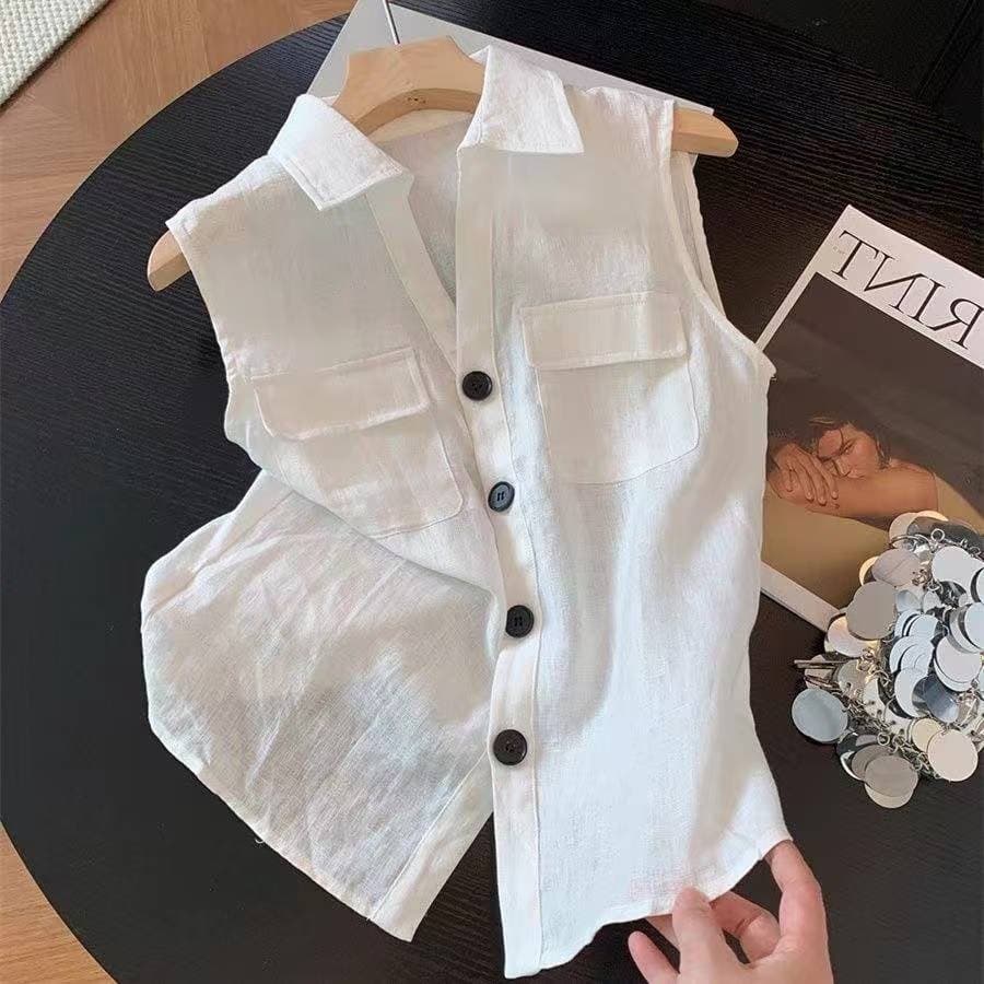 화이트 오래된 돈 바람 품격 미니멀리즘 POLO 칼라 민소매 여성 셔츠 여름 얇은 스타일 루즈핏 싱글 줄 버튼 조끼 맨위 이미지 2