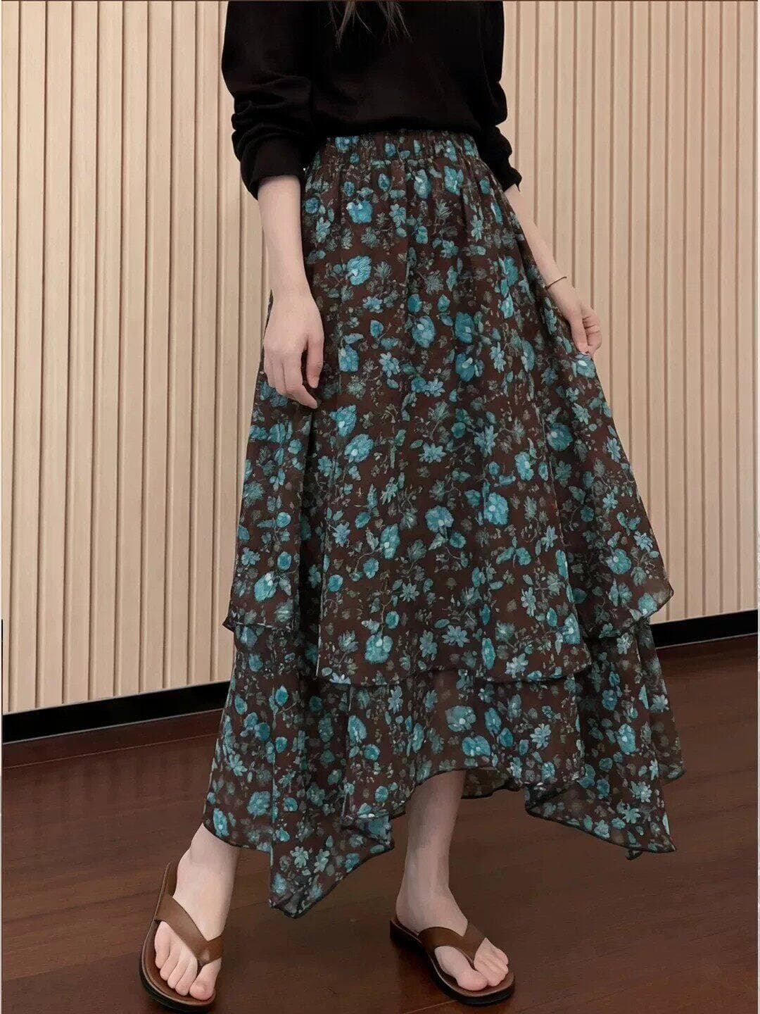품격 레트로 불규칙 프릴 계층의 감각 반신 스커트 여성 여름 켜기 새로운 학원 스타일 슬림해 보이는 하이웨이스트 꽃무늬 치마