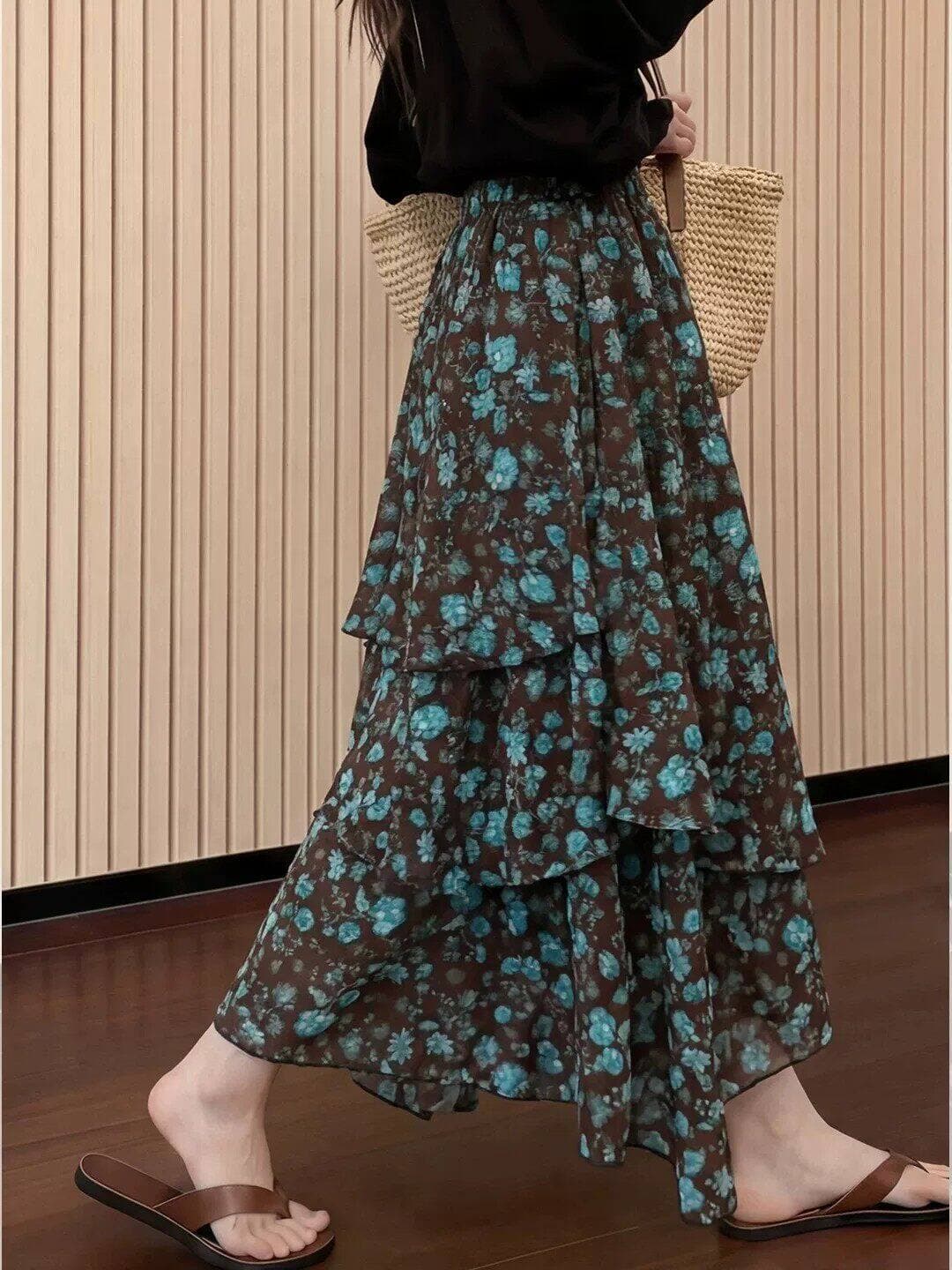 품격 레트로 불규칙 프릴 계층의 감각 반신 스커트 여성 여름 켜기 새로운 학원 스타일 슬림해 보이는 하이웨이스트 꽃무늬 치마 이미지 4