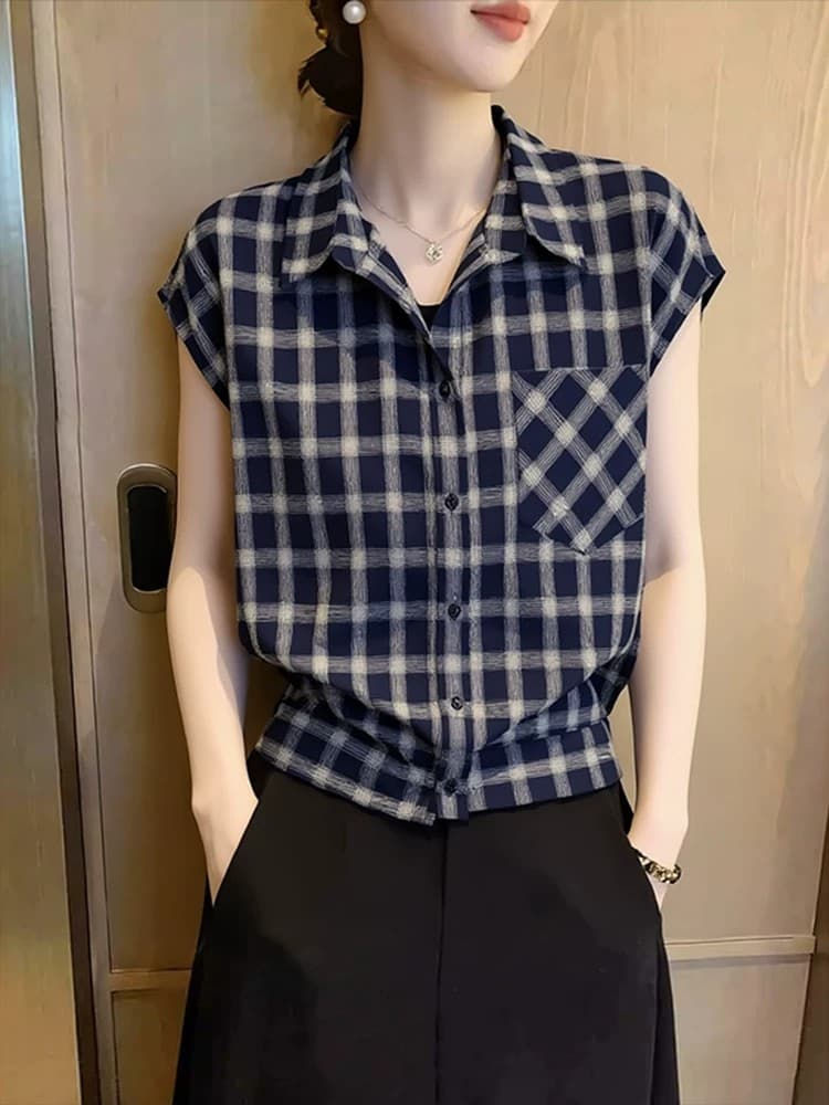 레트로 POLO 칼라 체크무늬 여성 셔츠 여름 2026 년 새로운 다용도 패션 반팔 디자인 센스 맨위