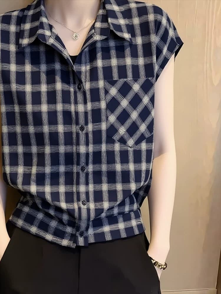 레트로 POLO 칼라 체크무늬 여성 셔츠 여름 2026 년 새로운 다용도 패션 반팔 디자인 센스 맨위 이미지 4
