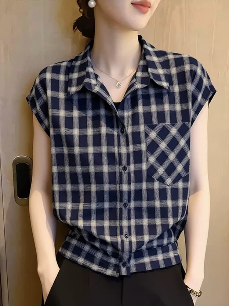 레트로 POLO 칼라 체크무늬 여성 셔츠 여름 2026 년 새로운 다용도 패션 반팔 디자인 센스 맨위 이미지 2