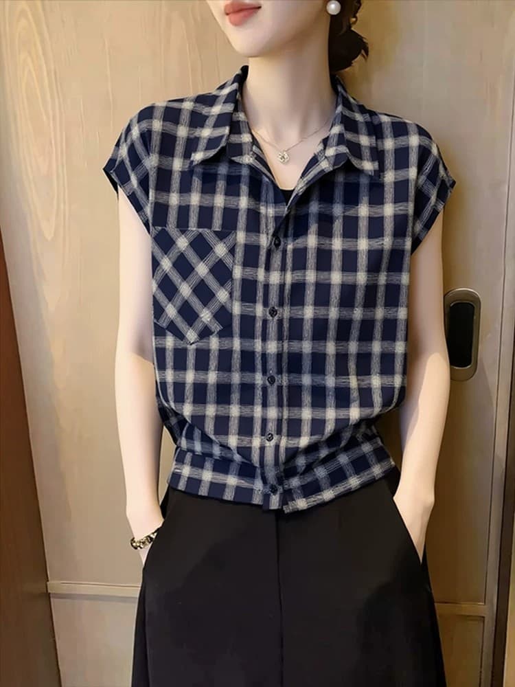 레트로 POLO 칼라 체크무늬 여성 셔츠 여름 2026 년 새로운 다용도 패션 반팔 디자인 센스 맨위 상세 이미지 2