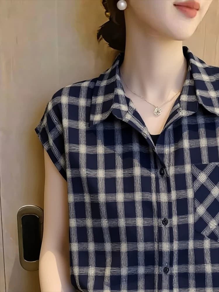 레트로 POLO 칼라 체크무늬 여성 셔츠 여름 2026 년 새로운 다용도 패션 반팔 디자인 센스 맨위 상세 이미지 4