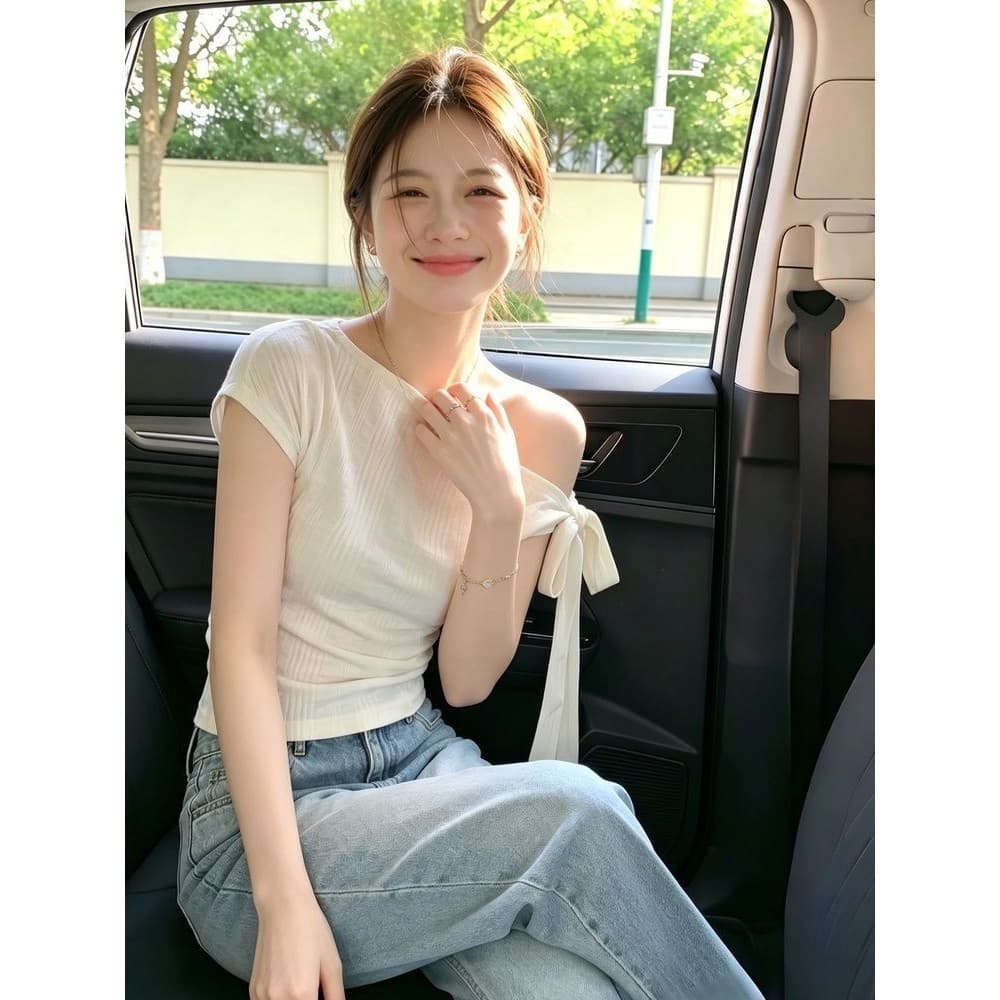 한 부서 착용 가져 가라. 비스듬한 칼라 스트랩 반팔 티셔츠 여성 여름 얇은 스타일 화이트 몸매 가꾸기 이슬 쇄골 아름다운 작은 대중 맨위 상세 이미지 3