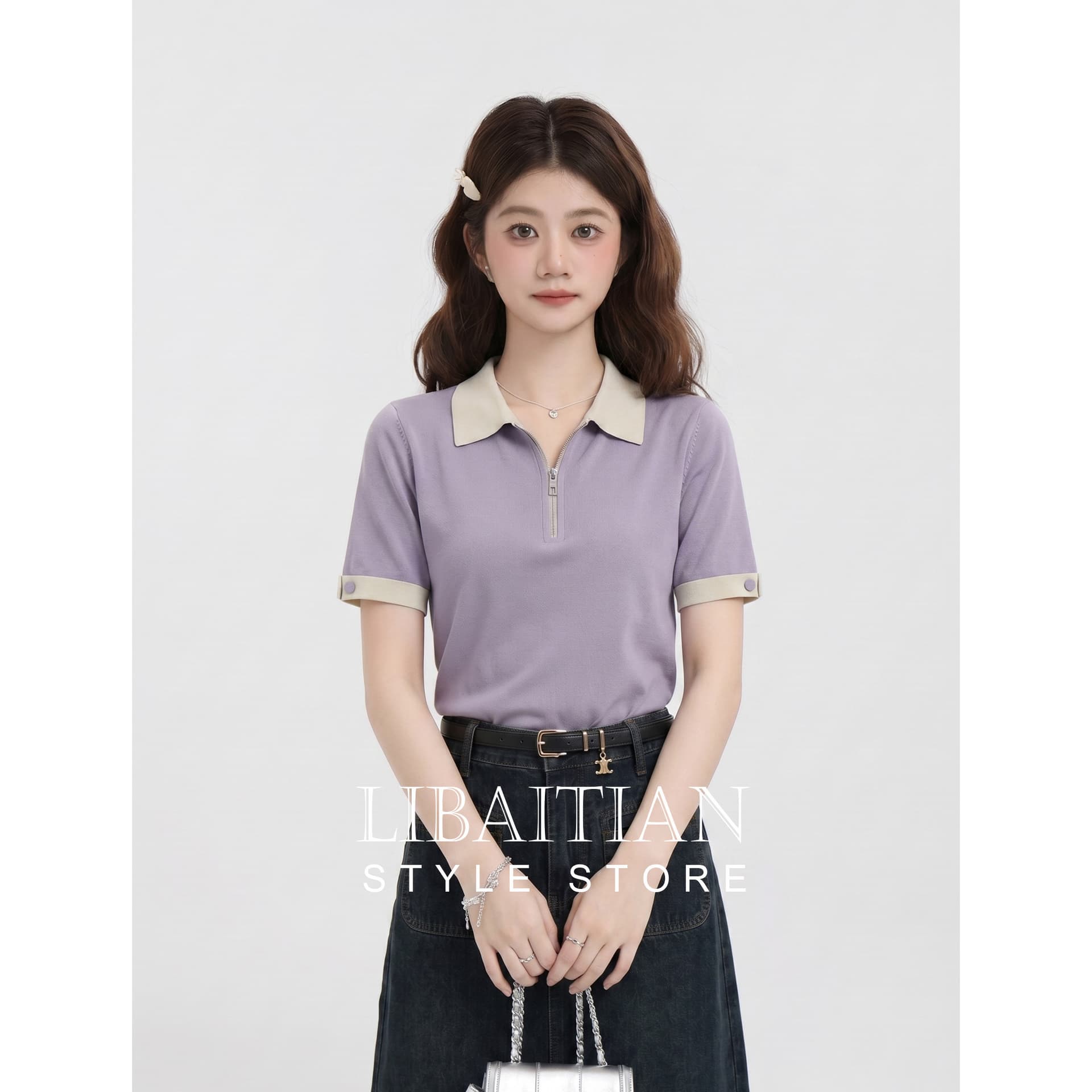 아름다운 향기로운 芋 보라색 지퍼 polo 폴로 칼라 반팔 여성 티셔츠 2026 여름 새로운 패치워크 색상 꼬집기 허리 작은 맨위 이미지 4