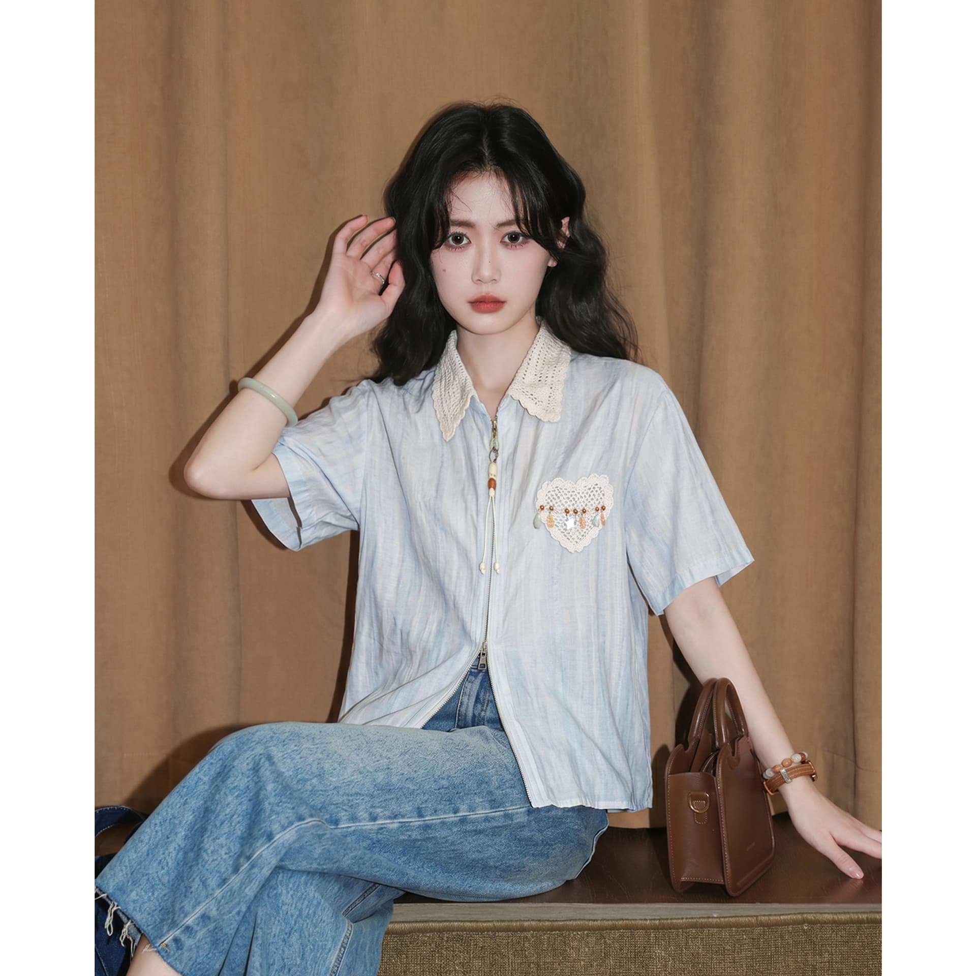 파란색 더블 당겨서 달구다 반팔 여성 셔츠 여름 2026 새로운 루즈핏 레이스 측면 폴로 칼라 셔츠 얇은 스타일 고유 한 맨위 이미지 3