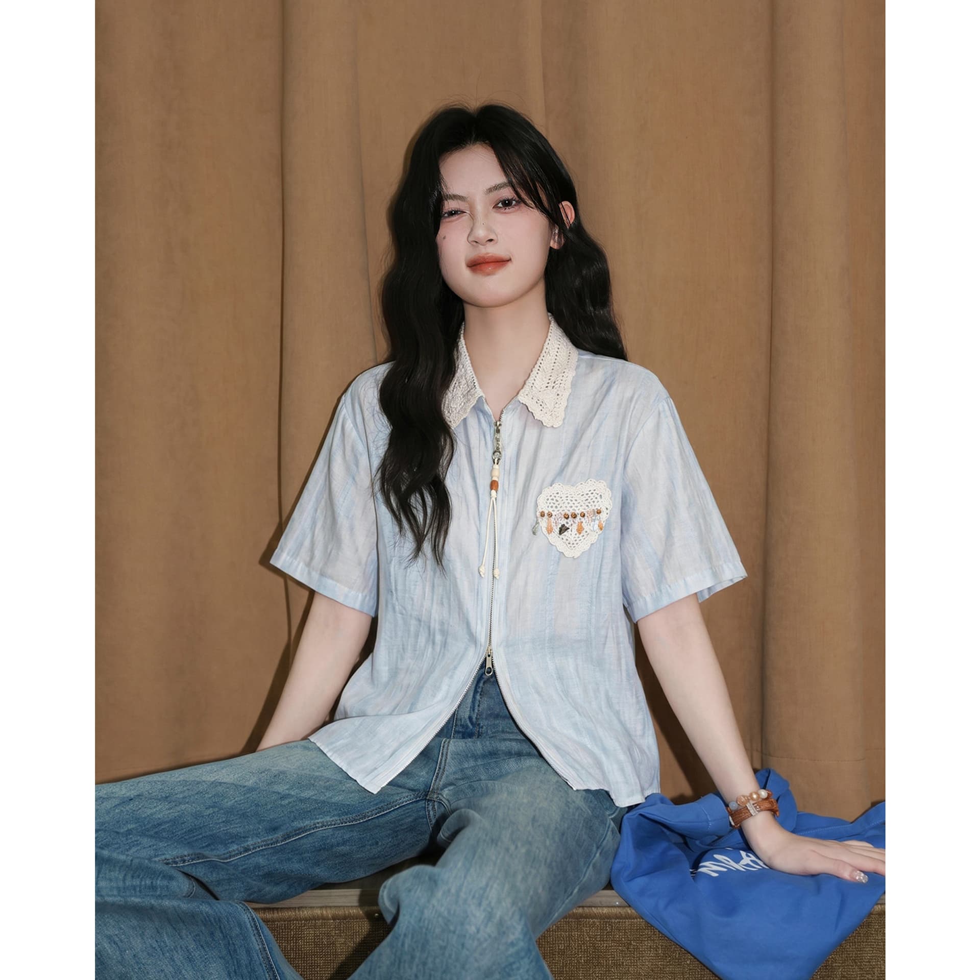 파란색 더블 당겨서 달구다 반팔 여성 셔츠 여름 2026 새로운 루즈핏 레이스 측면 폴로 칼라 셔츠 얇은 스타일 고유 한 맨위 이미지 5