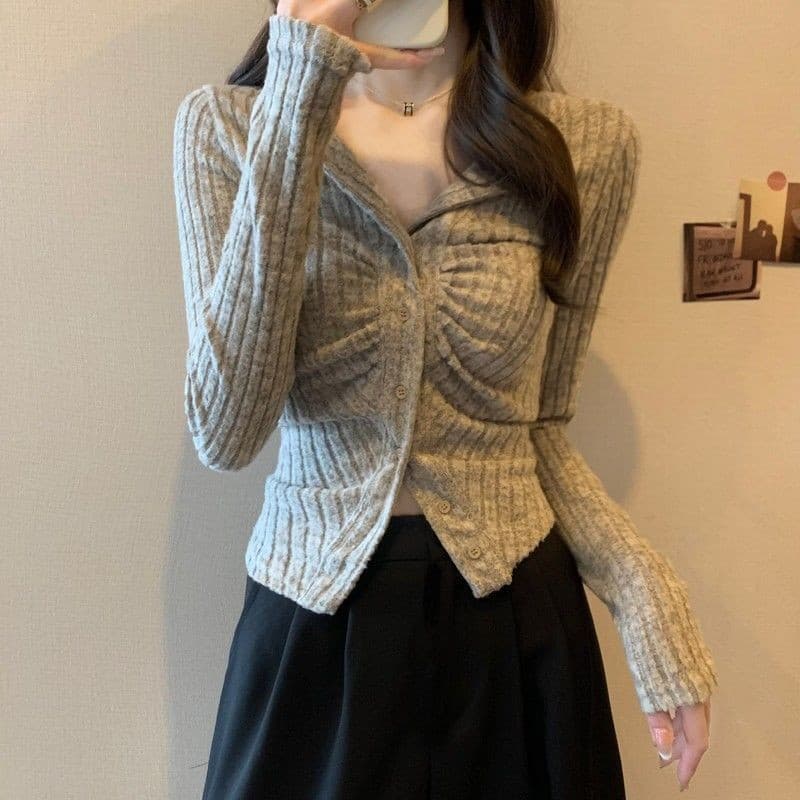 봄 가을 새로운 빅 사이즈 지방 mm 여성 의류 긴팔 니트 오픈 가디건 맨위 표지 배 숨기기 고기 아름다움 라드. 슬림해 보이는 티셔츠 이미지 5