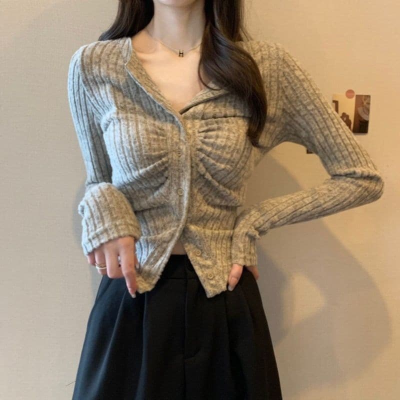 봄 가을 새로운 빅 사이즈 지방 mm 여성 의류 긴팔 니트 오픈 가디건 맨위 표지 배 숨기기 고기 아름다움 라드. 슬림해 보이는 티셔츠 상세 이미지 3